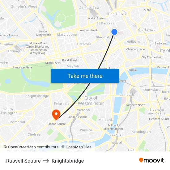 Russell Square to Knightsbridge map
