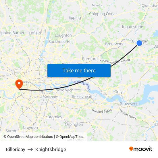 Billericay to Knightsbridge map