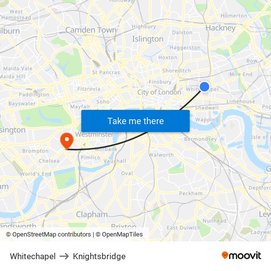 Whitechapel to Knightsbridge map