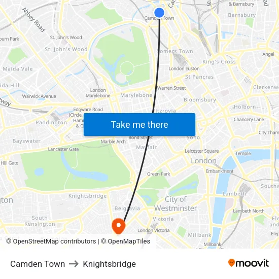 Camden Town to Knightsbridge map