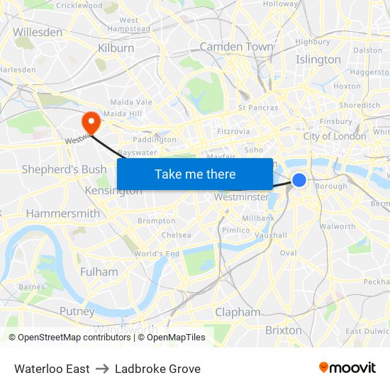 Waterloo East to Ladbroke Grove map