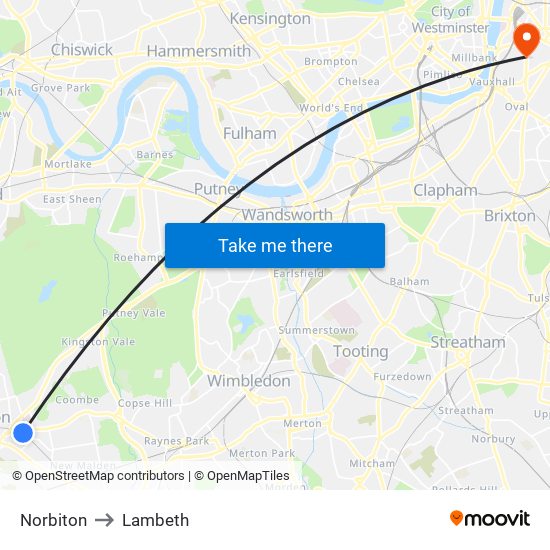 Norbiton to Lambeth map