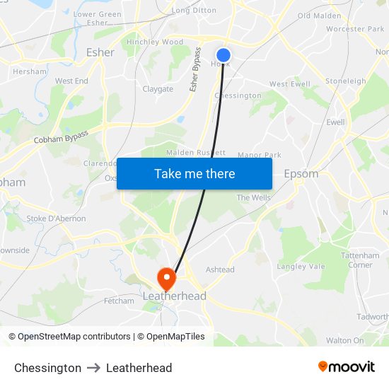 Chessington to Leatherhead map