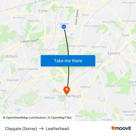 Claygate (Surrey) to Leatherhead map