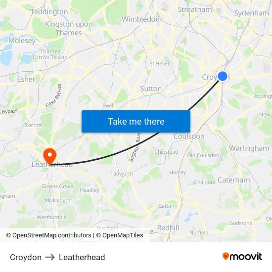 Croydon to Leatherhead map