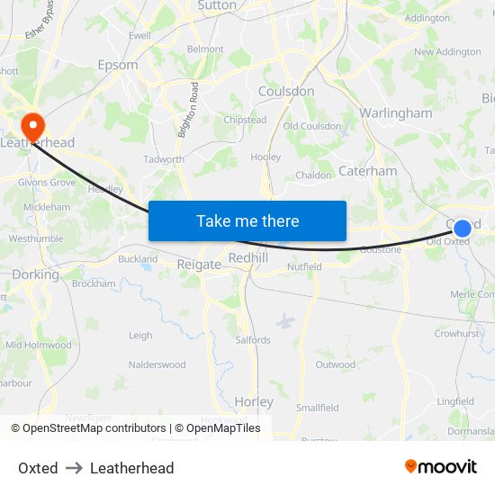 Oxted to Leatherhead map