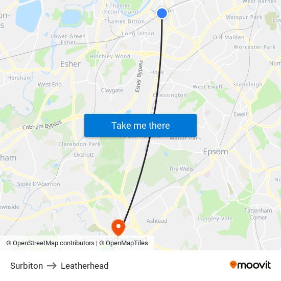 Surbiton to Leatherhead map