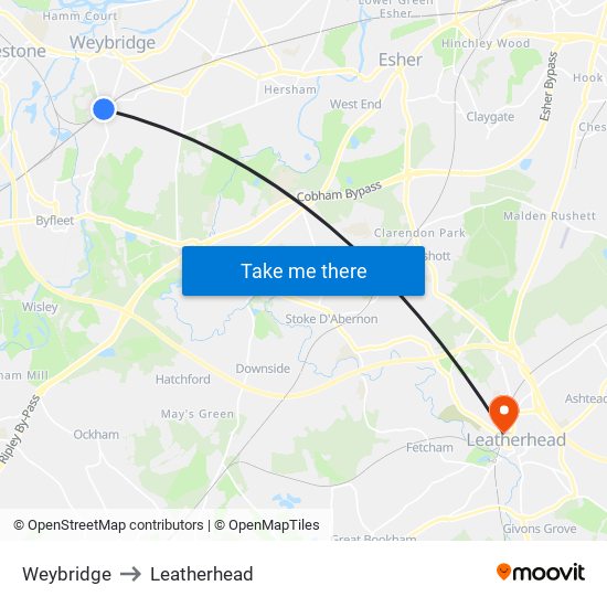 Weybridge to Leatherhead map