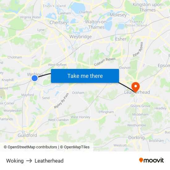 Woking to Leatherhead map
