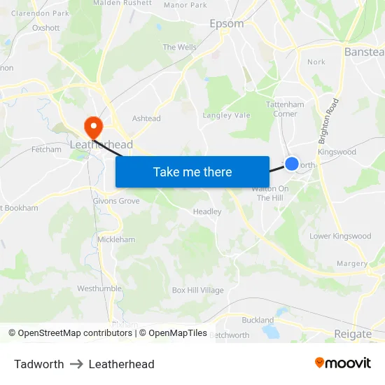 Tadworth to Leatherhead map