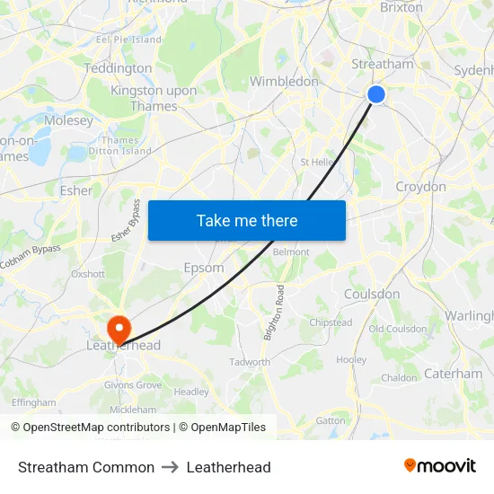 Streatham Common to Leatherhead map