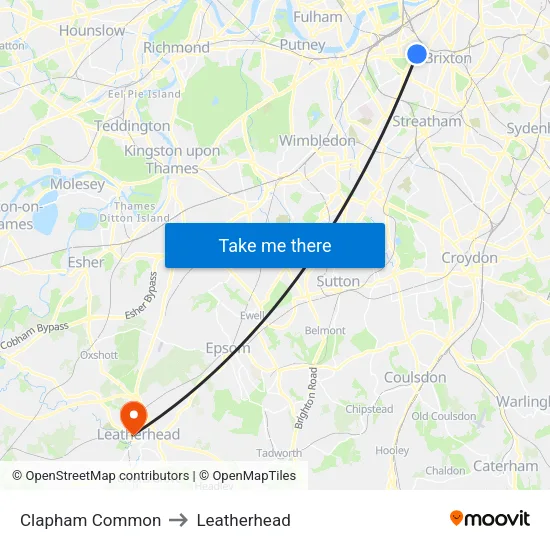 Clapham Common to Leatherhead map