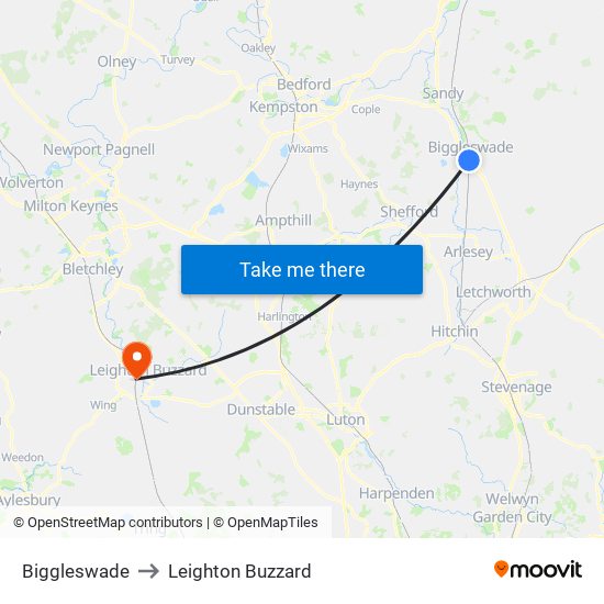 Biggleswade to Leighton Buzzard map