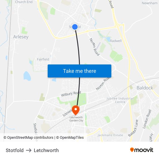 Stotfold to Letchworth map