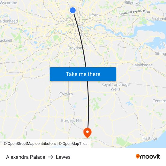 Alexandra Palace to Lewes map