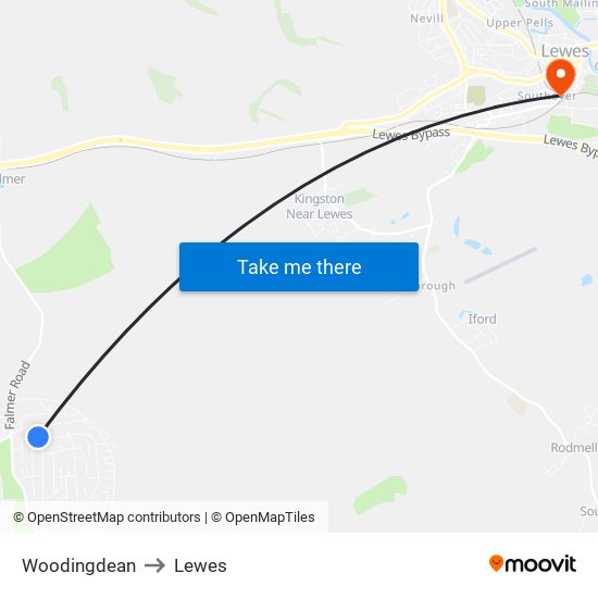 Woodingdean to Lewes map