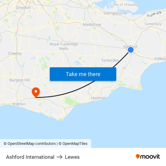 Ashford International to Lewes map