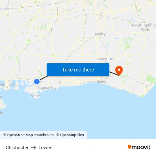 Chichester to Lewes map