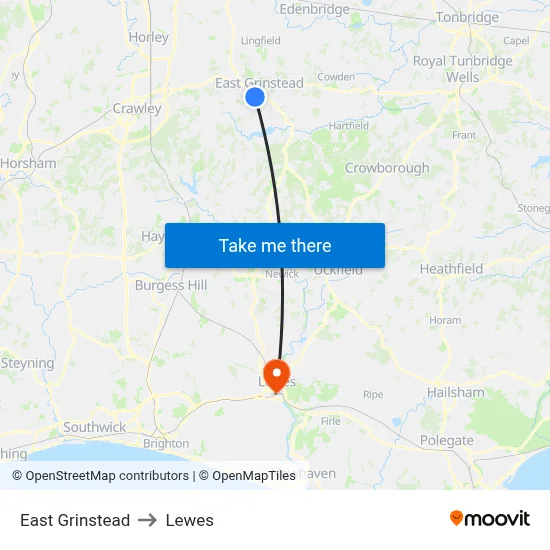 East Grinstead to Lewes map