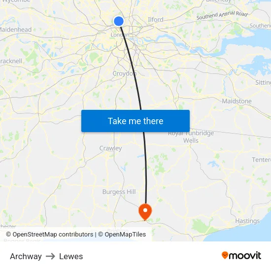 Archway to Lewes map