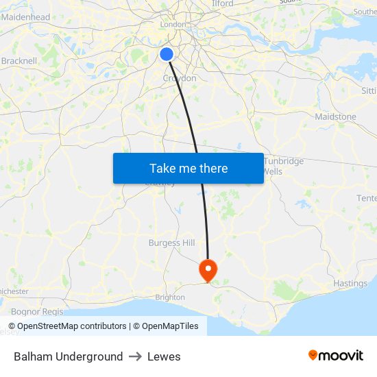 Balham Underground to Lewes map