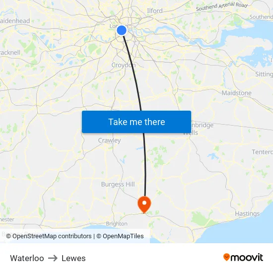 Waterloo to Lewes map