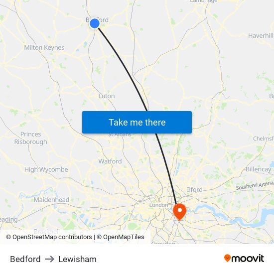 Bedford to Lewisham map