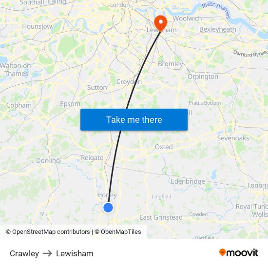 Crawley to Lewisham map