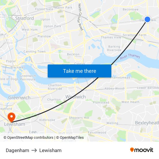 Dagenham to Lewisham map