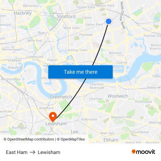 East Ham to Lewisham map