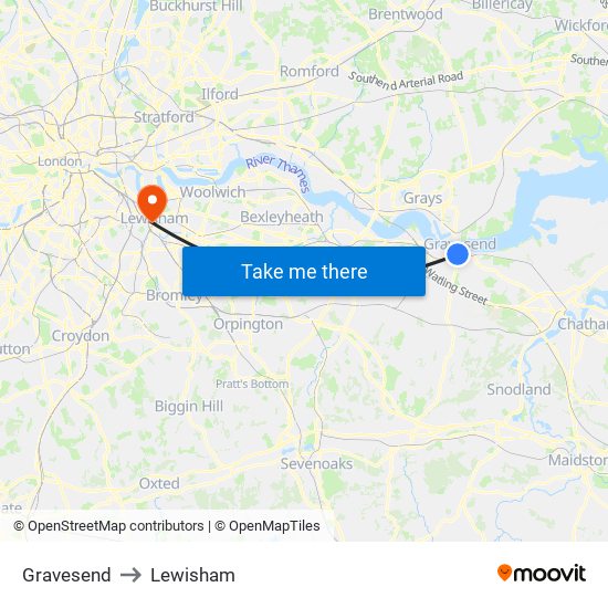 Gravesend to Lewisham map