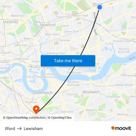 Ilford to Lewisham map