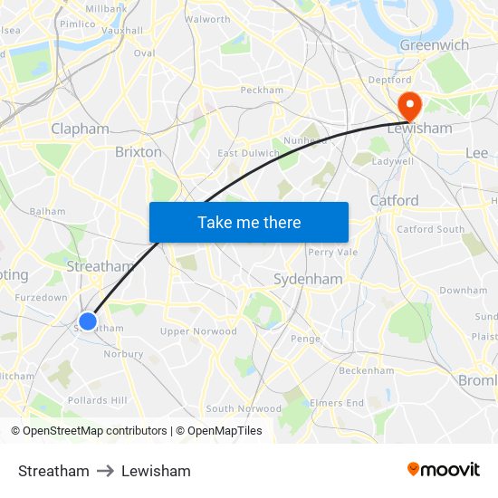 Streatham to Lewisham map