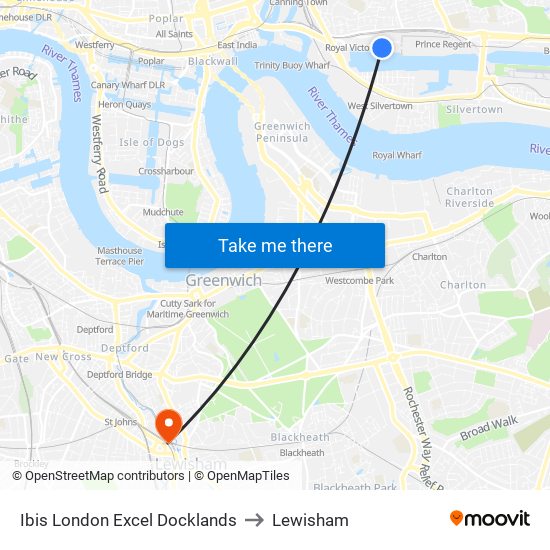 Ibis London Excel Docklands to Lewisham map