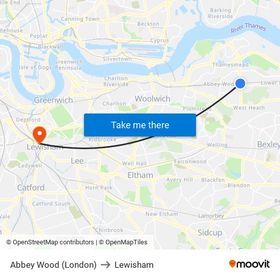 Abbey Wood (London) to Lewisham map