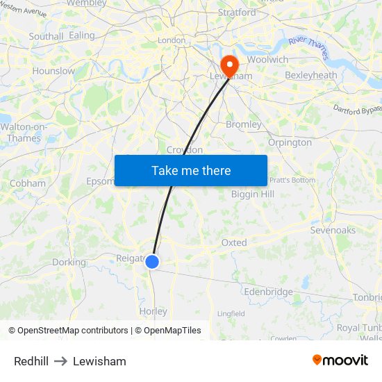 Redhill to Lewisham map