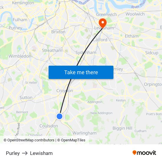 Purley to Lewisham map