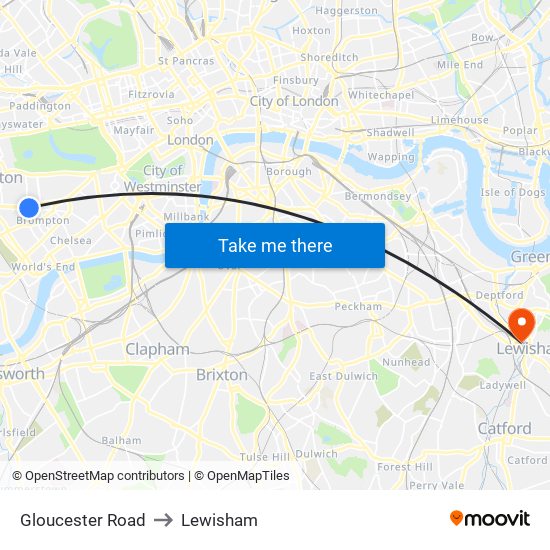 Gloucester Road to Lewisham map