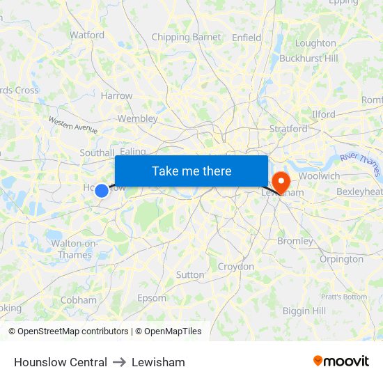 Hounslow Central to Lewisham map