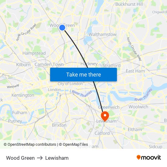 Wood Green to Lewisham map