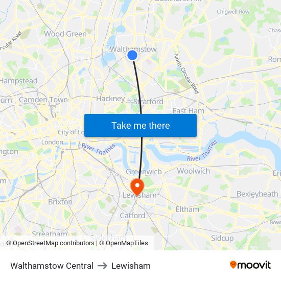 Walthamstow Central to Lewisham map