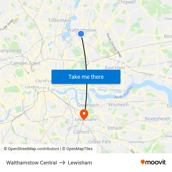 Walthamstow Central to Lewisham map