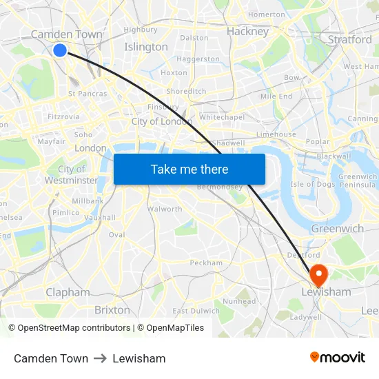 Camden Town to Lewisham map