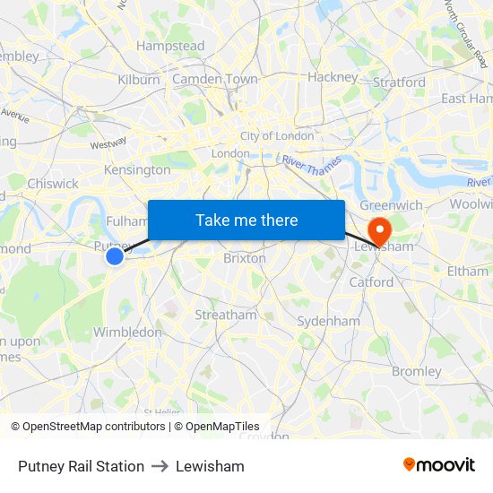 Putney Rail Station to Lewisham map