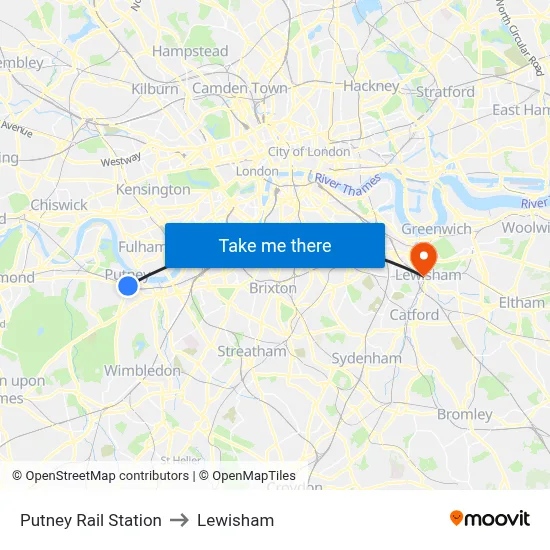 Putney Rail Station to Lewisham map