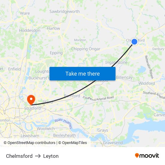 Chelmsford to Leyton map
