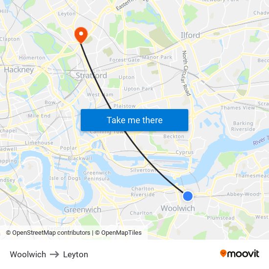 Woolwich to Leyton map