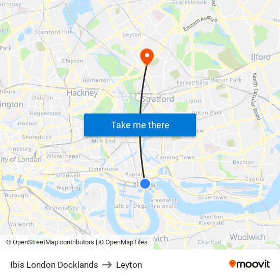 Ibis London Docklands to Leyton map