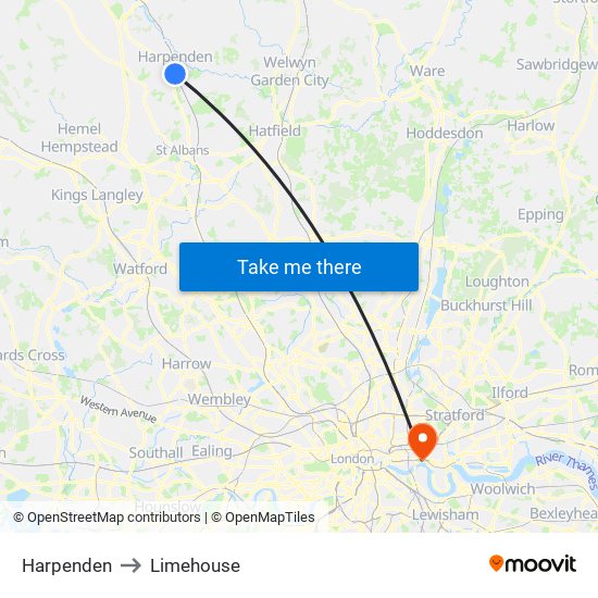 Harpenden to Limehouse map