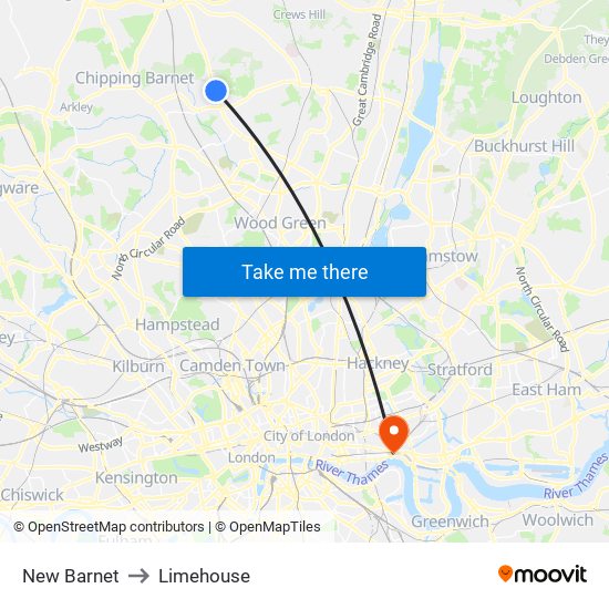 New Barnet to Limehouse map